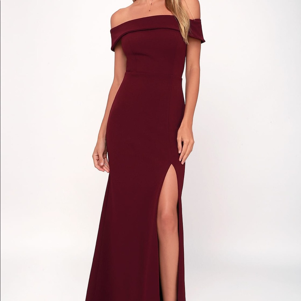 Lulus Aveline Burgundy Off-the-Shoulder Maxi Dress